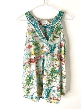 Sigrid Olsen Tropical Botanical Embroidered Split Neck Tank